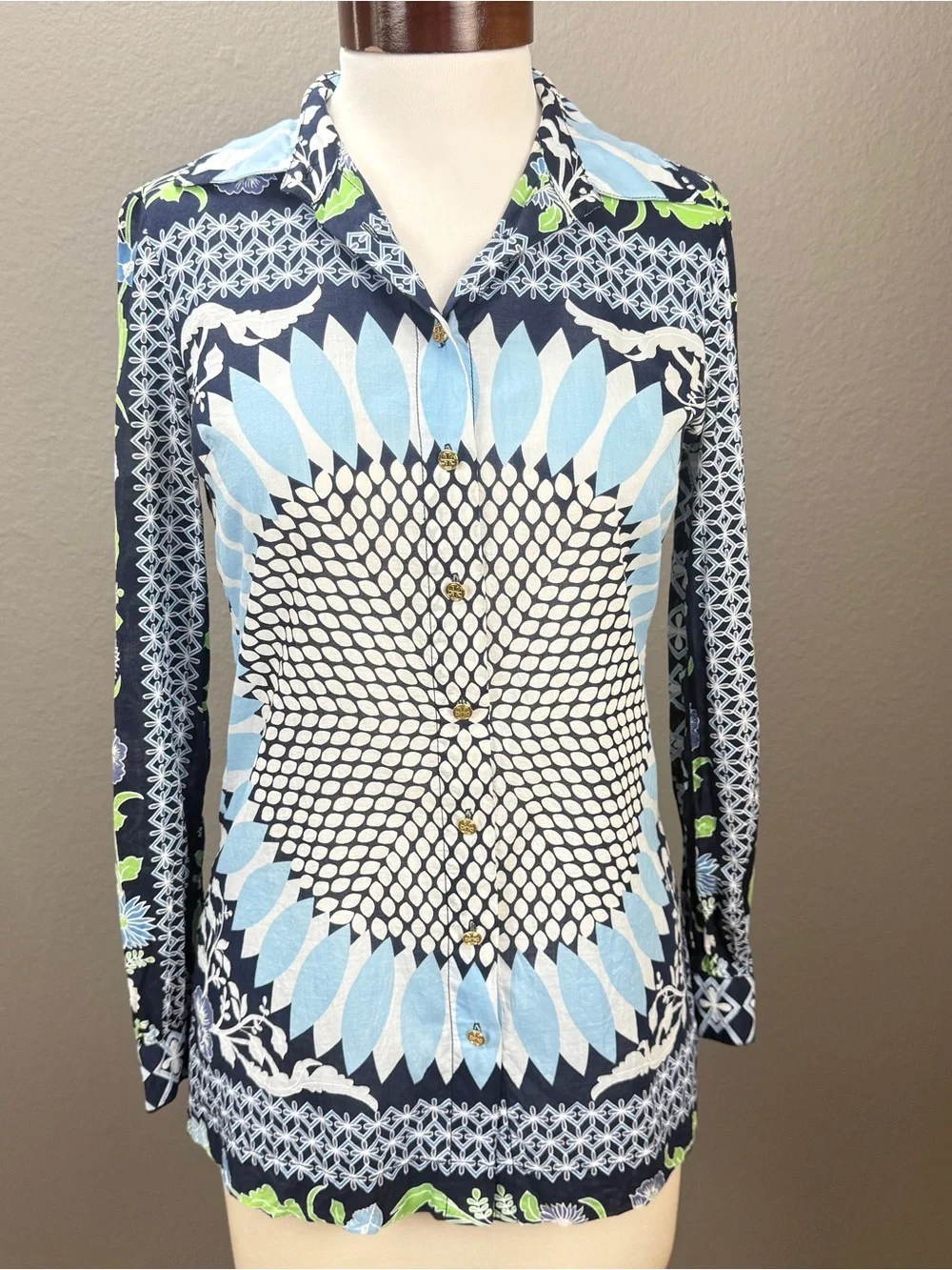 Tory Burch Floral Sunburst Multi Mosaic Cotton Button Up LS Blouse Top Sz 2